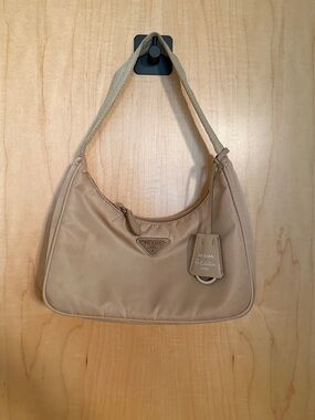 Prada Neutral Beige Nylon Shoulder Bag with Logo Tag